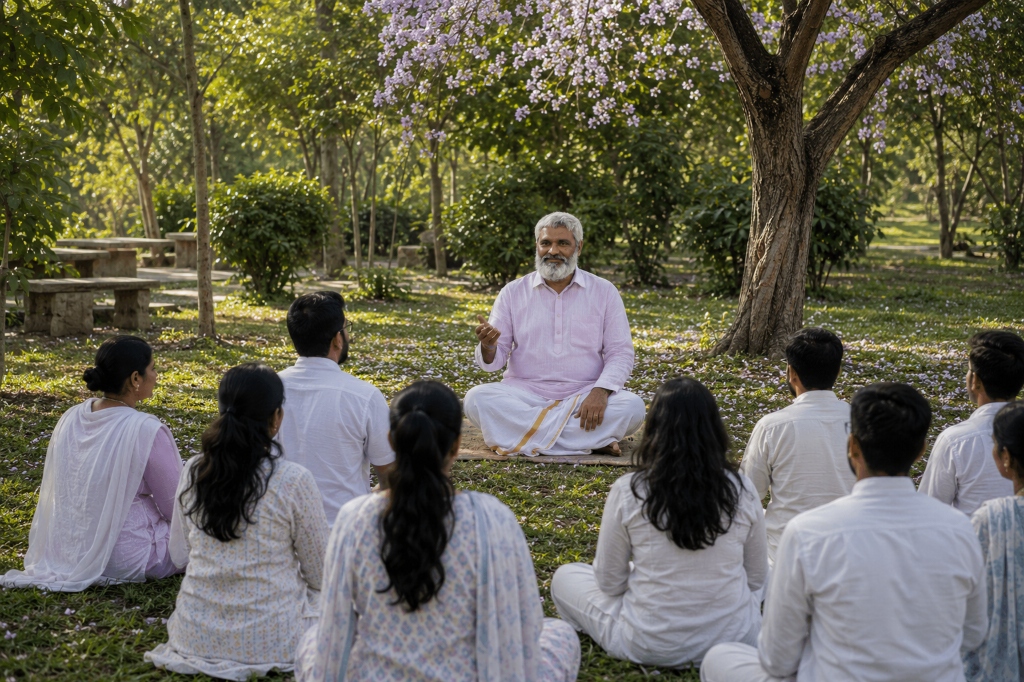 Sadguru Sri Sarkar Guruji Teaching Kumbhaka Meditation in Nature Sanctuary